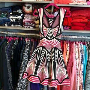 Herve Leger Black and Pink Geometric Dress